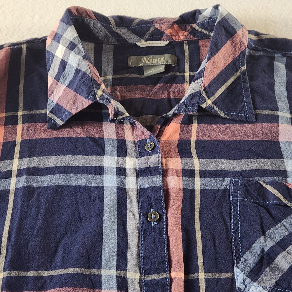 Natural Reflections Lightweight Blue Plaid Blouse Long-sleeve Front Button XXL